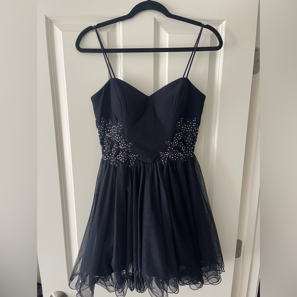 navy embroidered mesh with rhinestones dress
